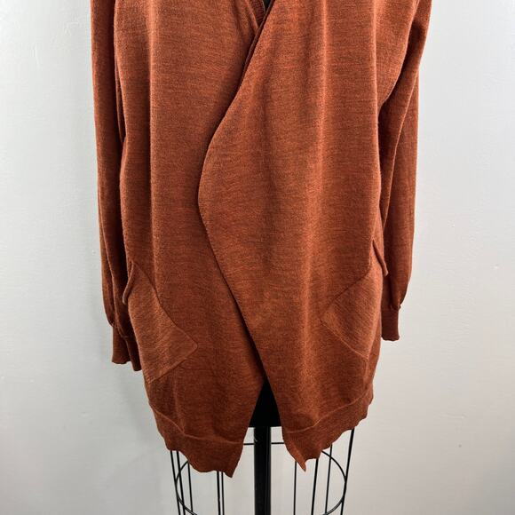 EILEEN FISHER Rust Wool Open Front Cardigan Wrap Pocket Long Sleeve Sweater M? - Picture 3 of 9